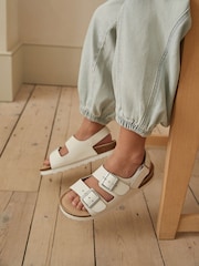 White Leather Standard Fit (F) Two Strap Corkbed Sandals - Image 1 of 1