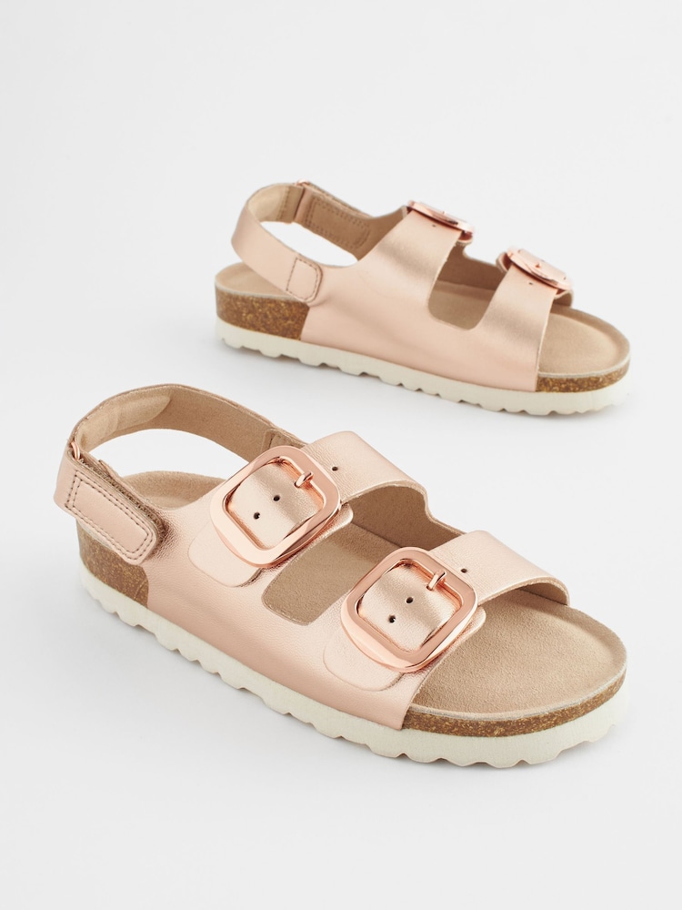 Rose Gold Leather Wide Fit (G) Two Strap Corkbed Sandals - Image 1 of 4