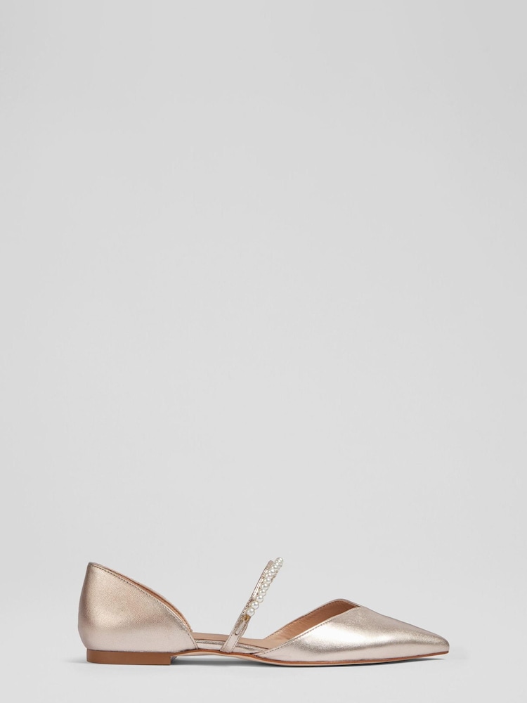 LK Bennett Metallic Leather Pearl Trim Mary Jane Flats - Image 1 of 4 LK Bennett Metallic Leather Pearl Trim Mary Jane Flats - Image 1 of 4