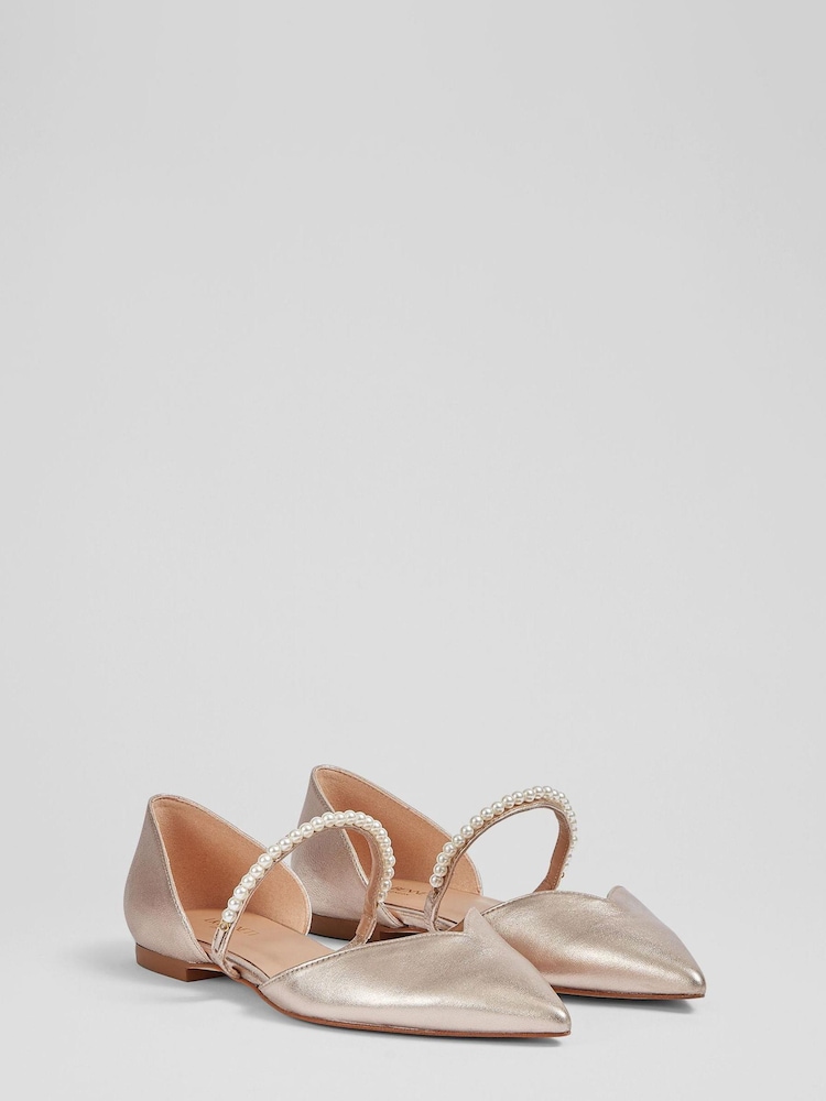 LK Bennett Metallic Leather Pearl Trim Mary Jane Flats - Image 2 of 4 LK Bennett Metallic Leather Pearl Trim Mary Jane Flats - Image 2 of 4