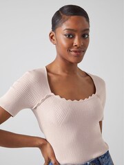LK Bennett Fara Pink Metallic Cotton Ribbed Top - Image 3 of 4