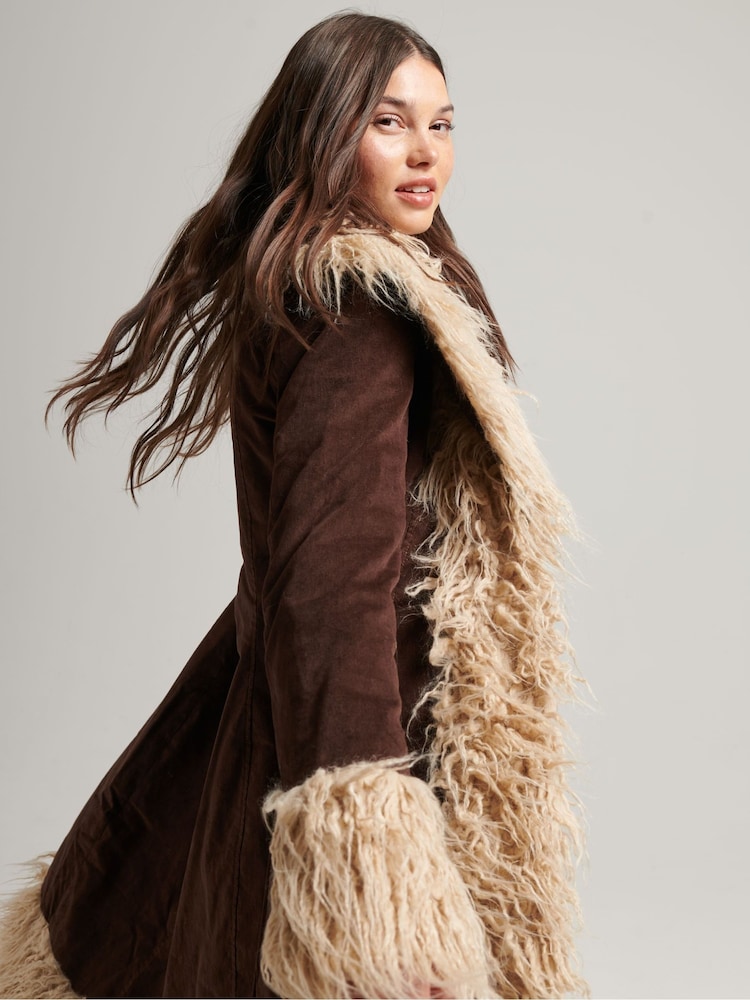 Superdry Dark Brown Vintage Long Afghan Coat - Image 4 of 8