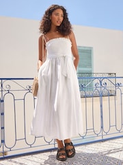 White Shirred Premium 100% Linen Summer Midi Dress - Image 1 of 5