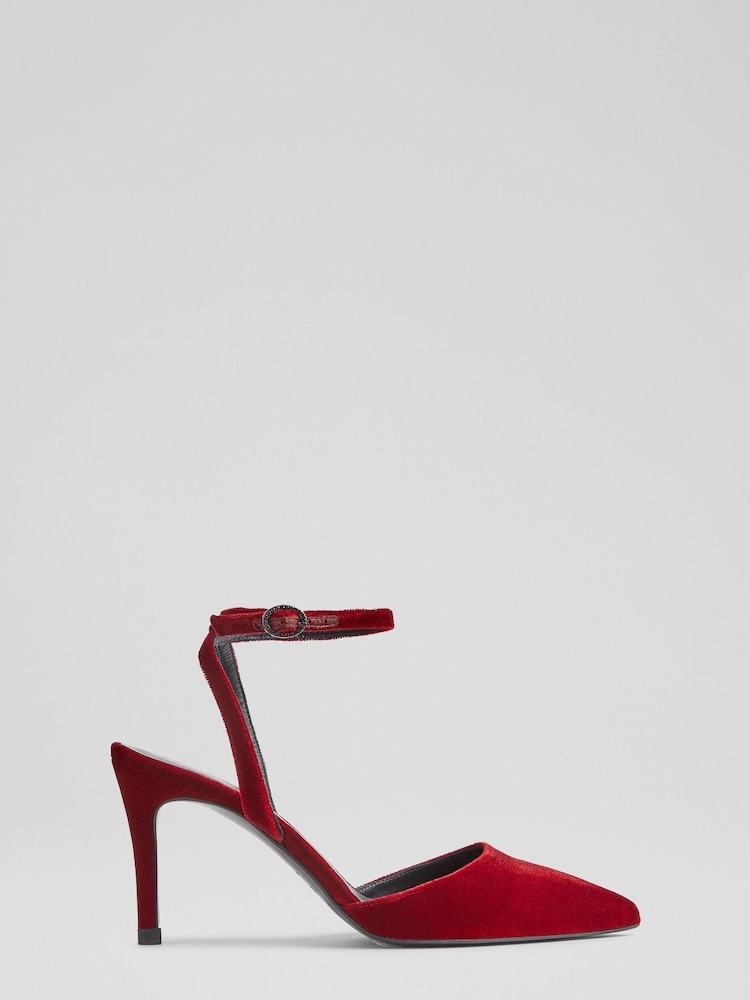 LK Bennett Nova Red Velvet Ankle Strap Brown Heels - Image 1 of 4