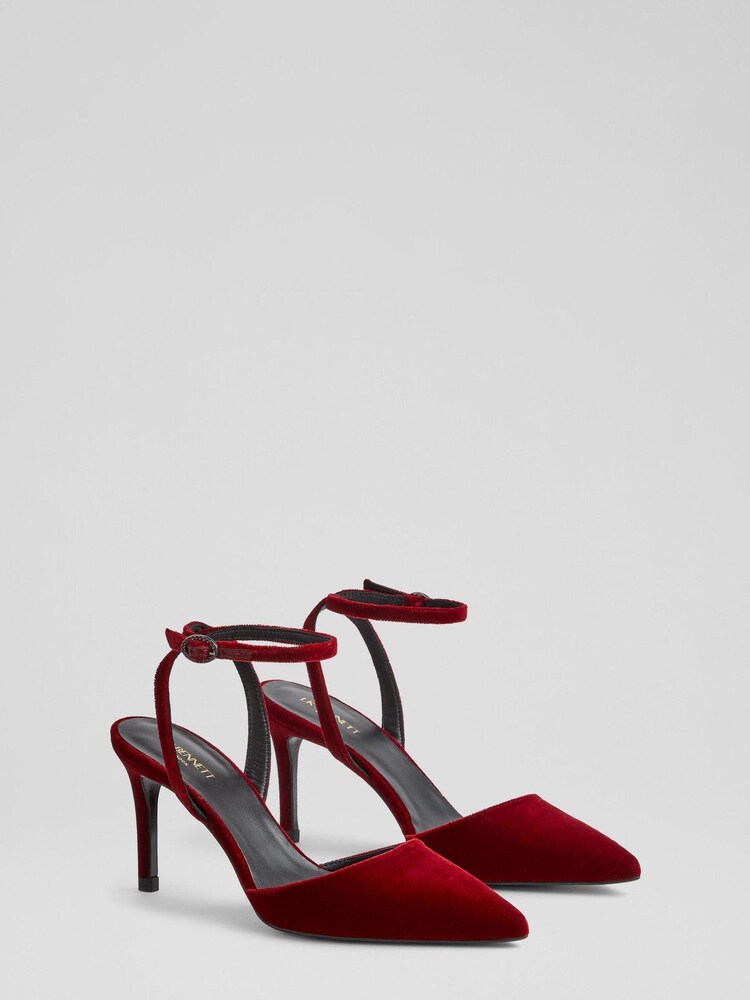 LK Bennett Nova Red Velvet Ankle Strap Brown Heels - Image 2 of 4