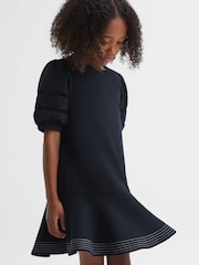 Reiss Navy Clea 9-13 yrs Jersey Puff Sleeve Mini Dress - Image 1 of 7