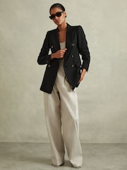 Reiss Black Lana Petite Tailored Textured Wool Blend Double Breasted Blazer - Image 1 of 6
