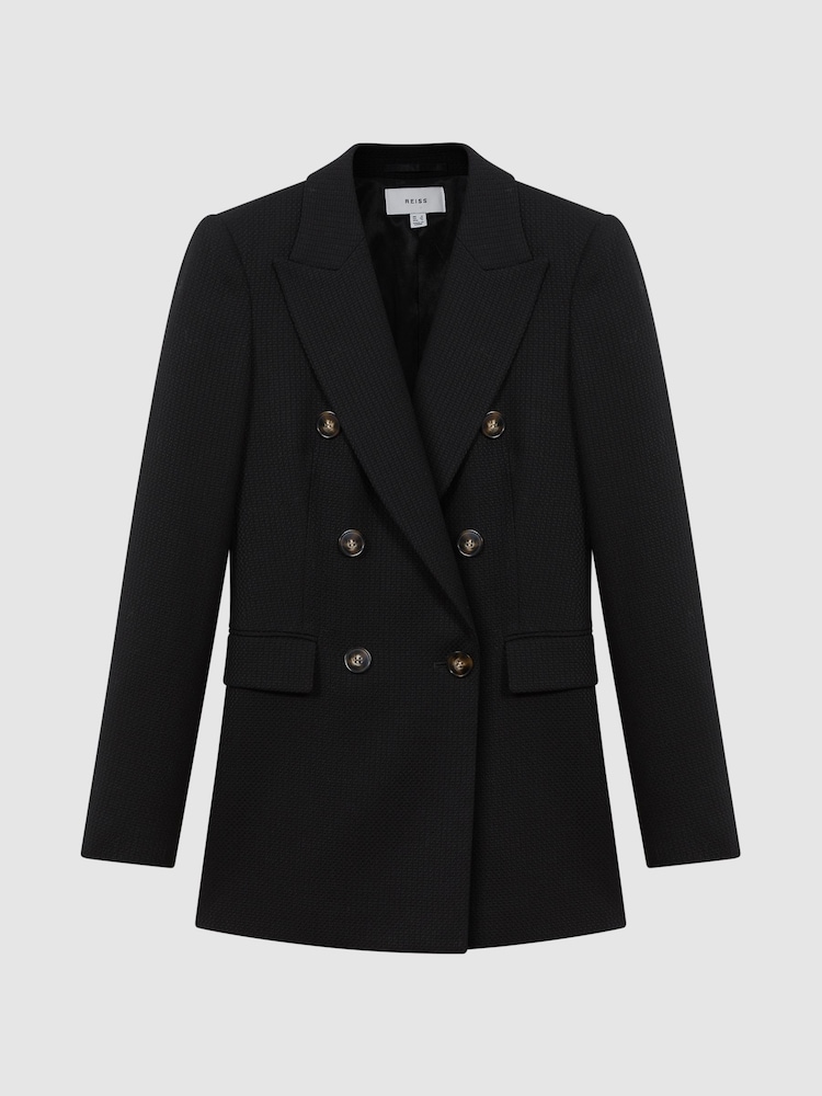 Reiss Black Lana Petite Tailored Textured Wool Blend Double Breasted Blazer - Image 2 of 6