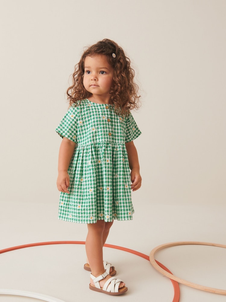 Green Embroidered Daisy Relaxed 100% Cotton Dress (3mths-8yrs) - Image 1 of 9