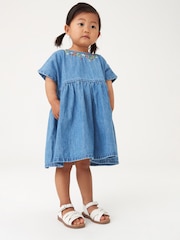 Blue Denim 100% Cotton Embroidered Dress (3mths-8yrs) - Image 1 of 7