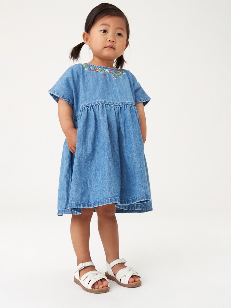 Blue Denim 100% Cotton Embroidered Dress (3mths-8yrs) - Image 1 of 7
