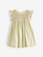 Sage Green Embroidered Shirred Frill Sleeve Dress (3mths-8yrs) - Image 1 of 6
