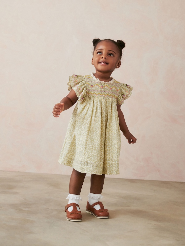 Sage Green Embroidered Shirred Frill Sleeve Dress (3mths-8yrs) - Image 2 of 6