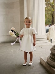 Cream Pleat Detail Short Sleeve Taffeta Dress (3mths-10yrs) - Image 1 of 7