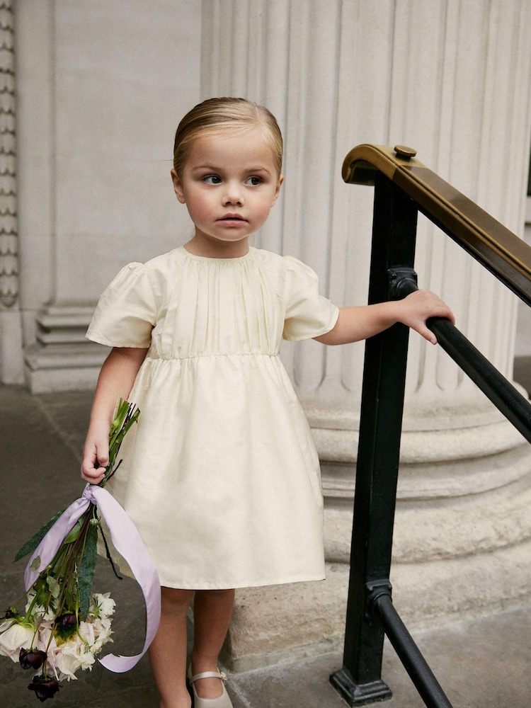 Cream Pleat Detail Short Sleeve Taffeta Dress (3mths-10yrs) - Image 2 of 7
