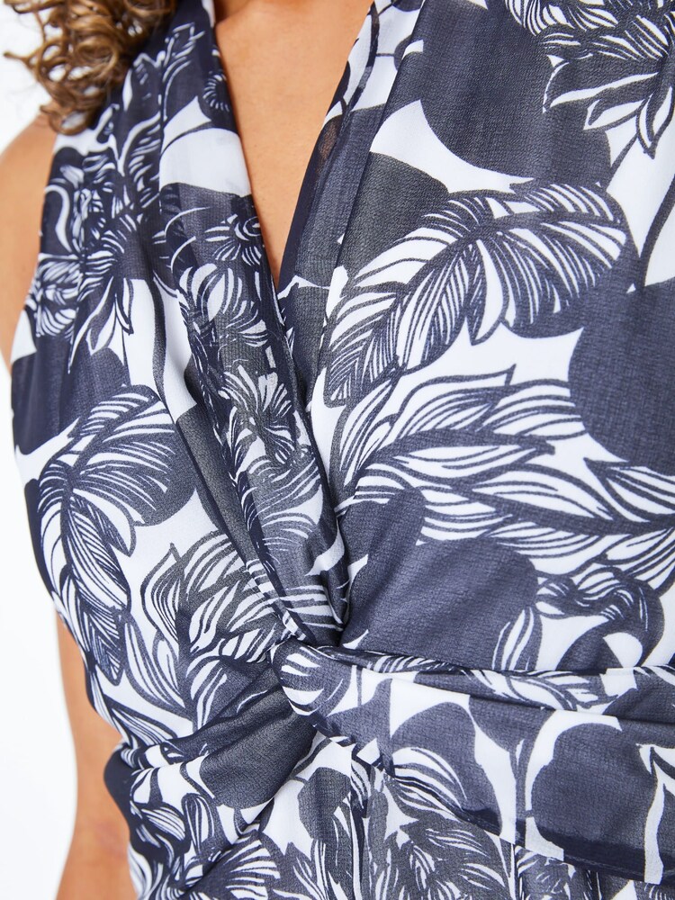 Roman Blue Petite Contrast Floral Print Hanky Hem Dress - Image 5 of 5