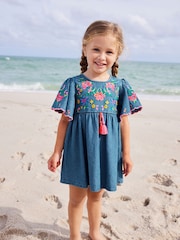 Blue Denim Embroidered 100% Cotton Kaftan Dress (3mths-10yrs) - Image 1 of 8