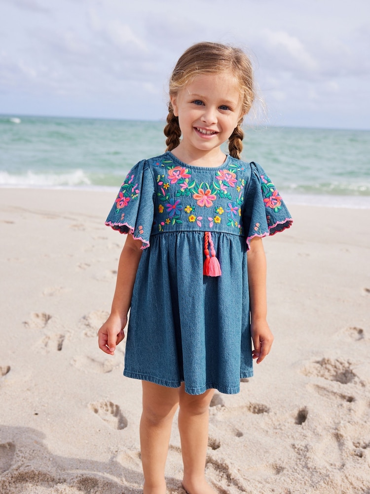 Blue Denim Embroidered 100% Cotton Kaftan Dress (3mths-10yrs) - Image 1 of 8