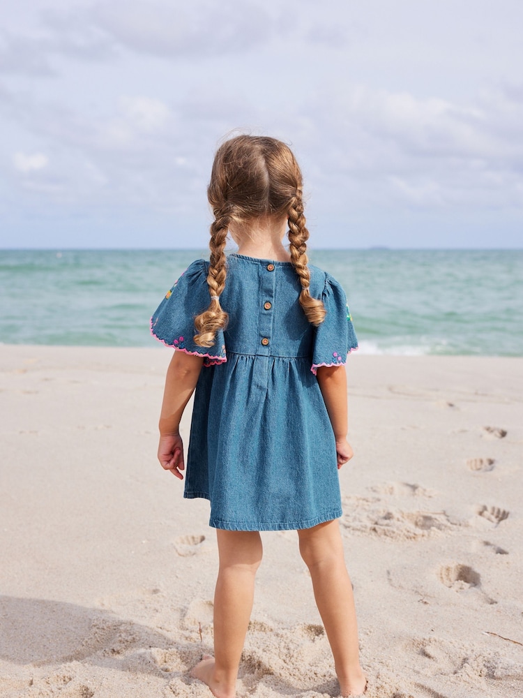 Blue Denim Embroidered 100% Cotton Kaftan Dress (3mths-10yrs) - Image 2 of 8