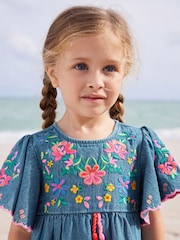 Blue Denim Embroidered 100% Cotton Kaftan Dress (3mths-10yrs) - Image 4 of 8