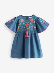 Blue Denim Embroidered 100% Cotton Kaftan Dress (3mths-10yrs) - Image 5 of 8