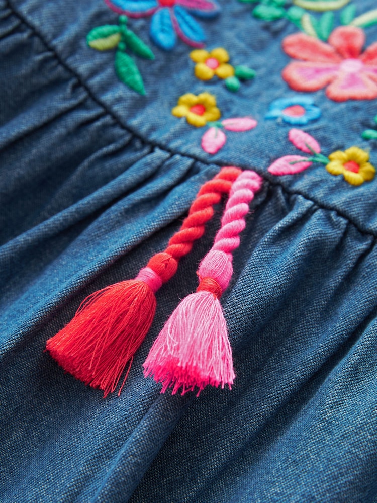 Blue Denim Embroidered 100% Cotton Kaftan Dress (3mths-10yrs) - Image 8 of 8