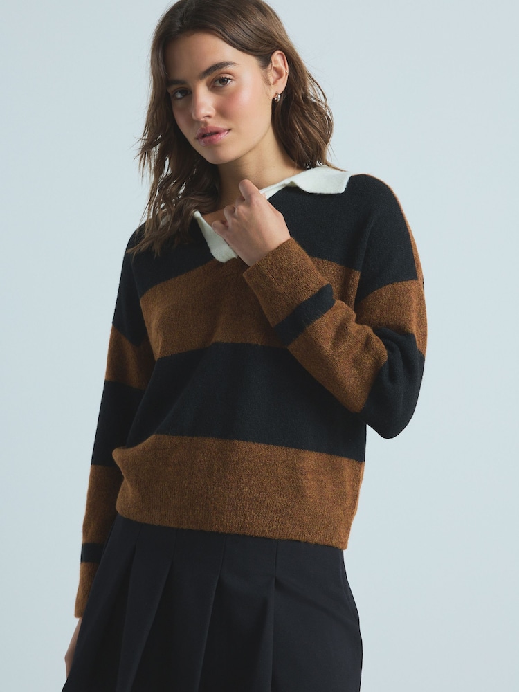 Black/Brown Stripe Rugby Knit Jumper - Image 1 of 4