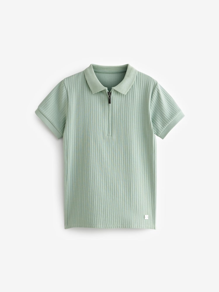 Mineral Green Textured Short Sleeve 100% Cotton Polo Shirt (3-16yrs) - Image 1 of 3