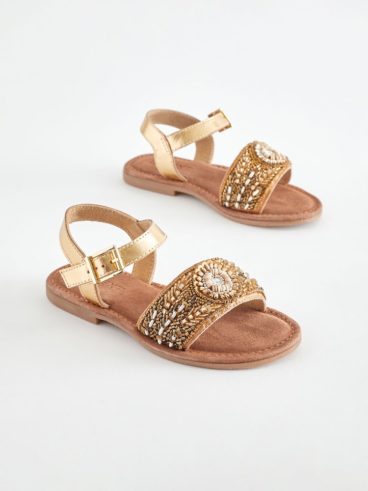 Gold Beaded Leather Occasion Sandals - Image 1 of 6 Gold Beaded Leather Occasion Sandals - Image 1 of 6
