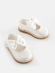 White Glitter Bow Standard Fit (F) Mary Jane Flower Girl Touch Fastening Bow Shoes - Image 1 of 5