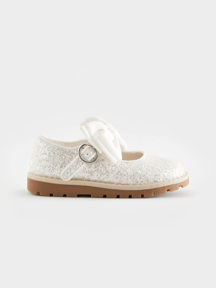 White Glitter Bow Standard Fit (F) Mary Jane Flower Girl Touch Fastening Bow Shoes - Image 2 of 5