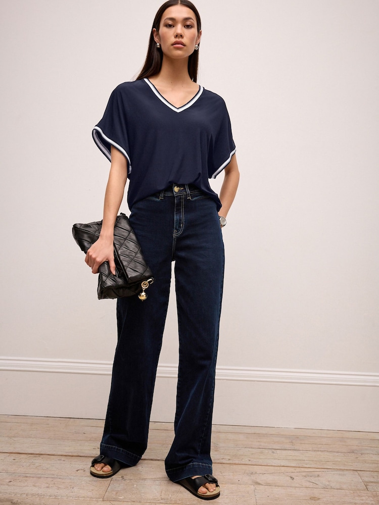 Navy Rib Tipped V-Neck T-Shirt - Image 2 of 7 Navy Rib Tipped V-Neck T-Shirt - Image 2 of 7