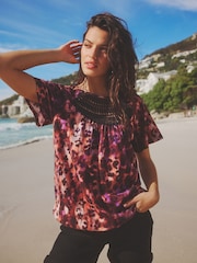 Pink Animal Short Sleeve Crochet Bubblehem Printed Top - Image 2 of 4