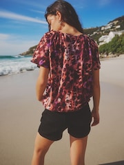 Pink Animal Short Sleeve Crochet Bubblehem Printed Top - Image 3 of 4
