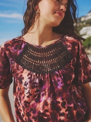Pink Animal Short Sleeve Crochet Bubblehem Printed Top - Image 4 of 4