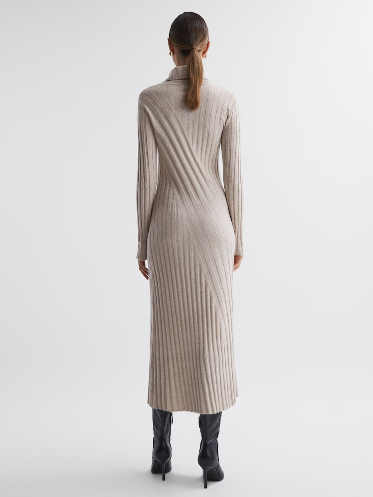 Reiss Neutral Cady Knitted Roll Neck Midi Dress - Image 6 of 6