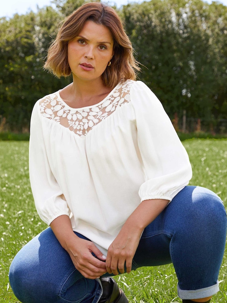 Live Unlimited Curve - White Lace Yoke Blouse - Image 1 of 5