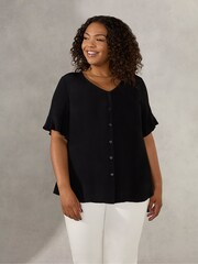 Live Unlimited Curve Flute Sleeve Button Through Black Blouse - Image 1 of 1