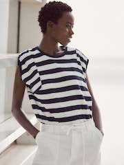Blanc/Bleu - Col rond  100% Cotton Look Slub Jersey Mancherons Printed T-shirt - Image 1 de 6