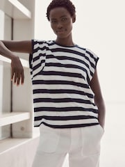 Blanc/Bleu - Col rond  100% Cotton Look Slub Jersey Mancherons Printed T-shirt - Image 2 de 6