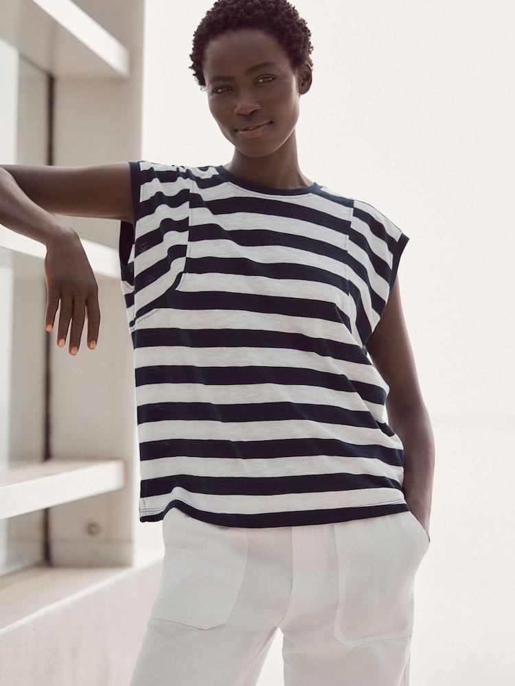 Blanc/Bleu - Col rond  100% Cotton Look Slub Jersey Mancherons Printed T-shirt - Image 2 of 6
