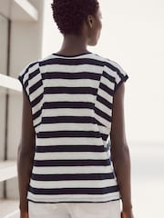 Blanc/Bleu - Col rond  100% Cotton Look Slub Jersey Mancherons Printed T-shirt - Image 3 de 6