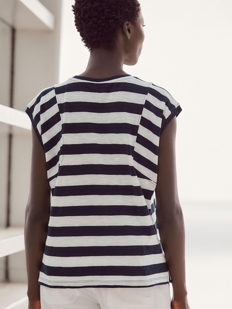 Blanc/Bleu - Col rond  100% Cotton Look Slub Jersey Mancherons Printed T-shirt - Image 3 of 6