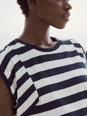 Blanc/Bleu - Col rond  100% Cotton Look Slub Jersey Mancherons Printed T-shirt - Image 4 de 6