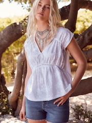 White 100% Cotton Broderie V-Neck Lace Detail Short Sleeve Top - Image 2 of 6