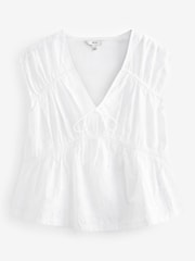 White 100% Cotton Broderie V-Neck Lace Detail Short Sleeve Top - Image 5 of 6