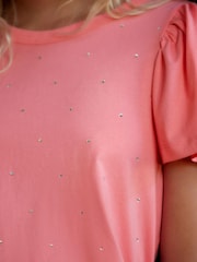 Fluro Pink 100% Cotton Short Sleeve Sparkle Jersey Bubblehem Top - Image 2 of 4