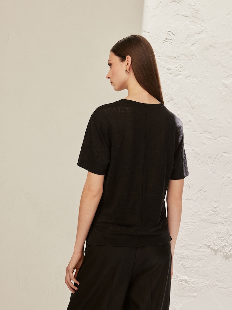 Black Slim Fit Premium 100% Linen Crew Neck Short Sleeve T-Shirt - Image 2 of 5 Black Slim Fit Premium 100% Linen Crew Neck Short Sleeve T-Shirt - Image 2 of 5