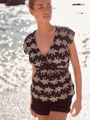 Black with Tan Broderie V-Neck Lace Detail Short Sleeve Top - Image 1 of 6