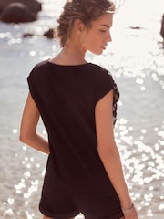 Black with Tan Broderie V-Neck Lace Detail Short Sleeve Top - Image 3 of 6